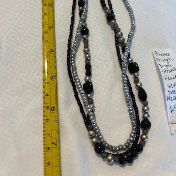 Vintage Premier Designs 3 Strand Black & Silver Glass Bead Necklace - Picture 5 of 8